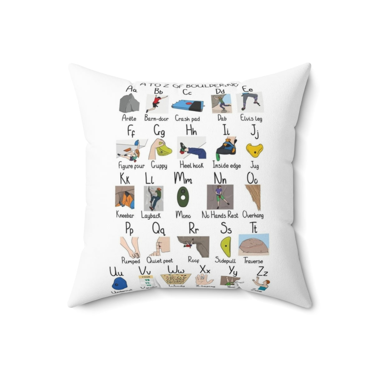 Bouldering-themed decorative throw pillow with A to Z design