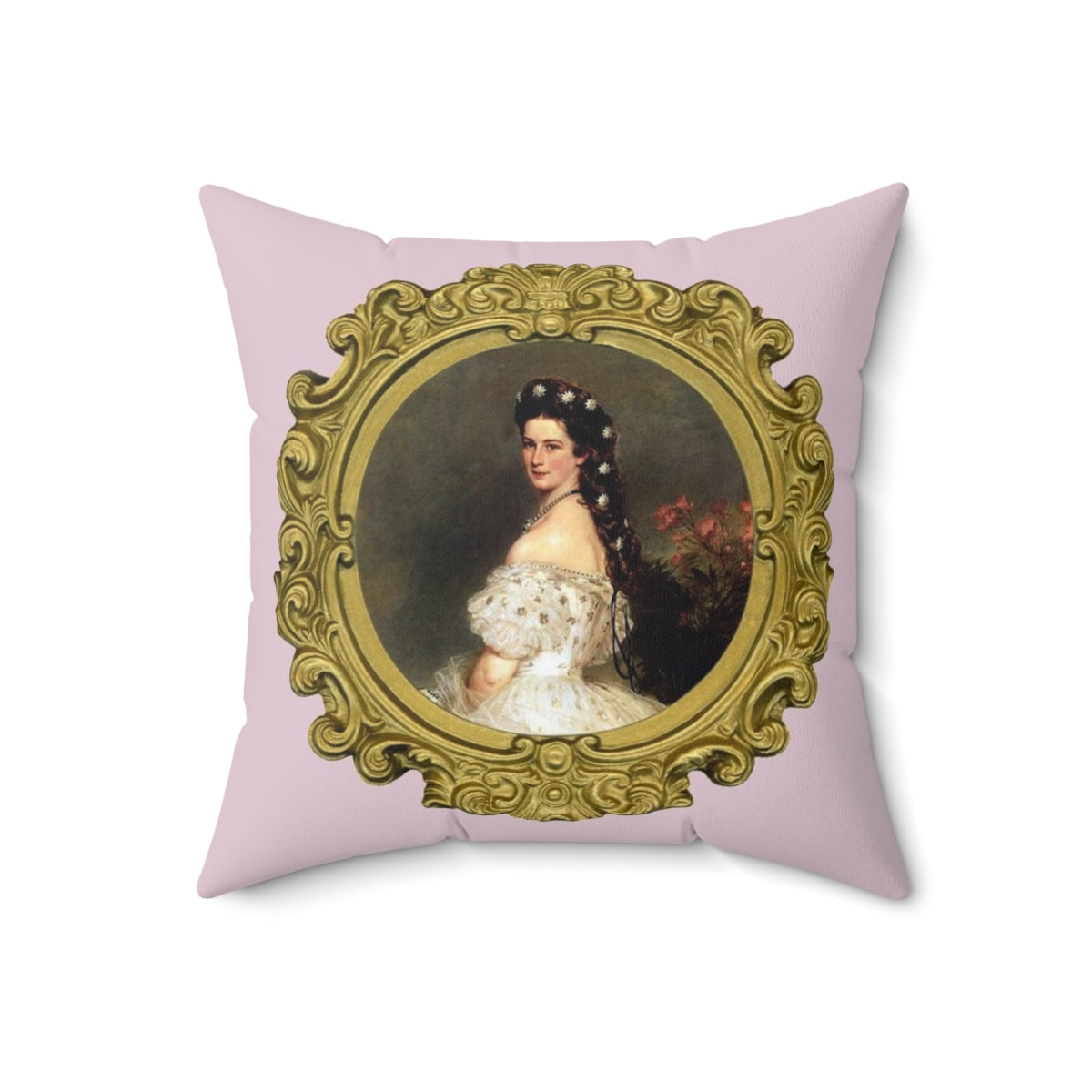 "Ornate portrait pillow featuring a classic, historical figure in a rococo-inspired style"