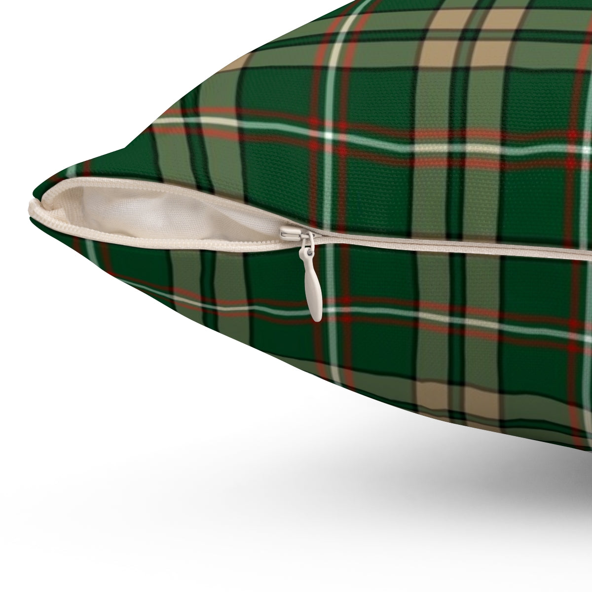 Tartan green and tan plaid pattern pillow with Celtic heritage design - Detail