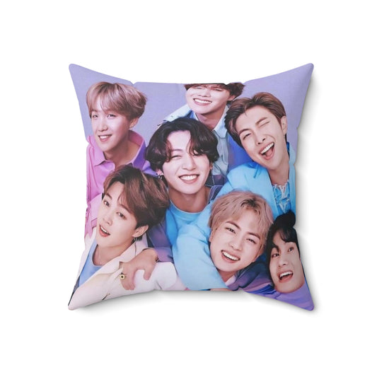 A vintage-inspired decorative pillow featuring the members of the popular K-pop group BTS.