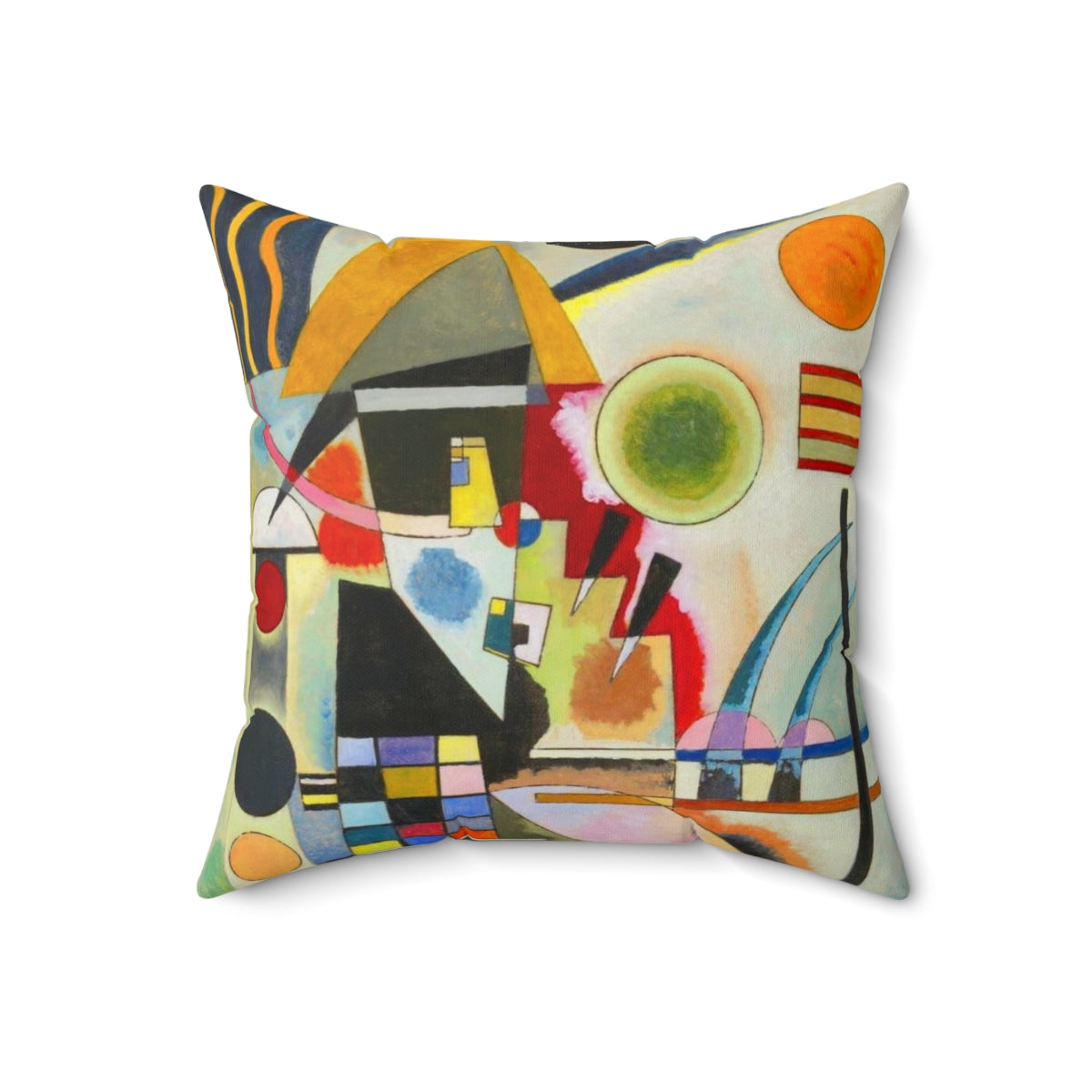 A colorful, abstract swinging pillow featuring geometric shapes and patterns in the style of Russian artist Wassily Kandinsky.