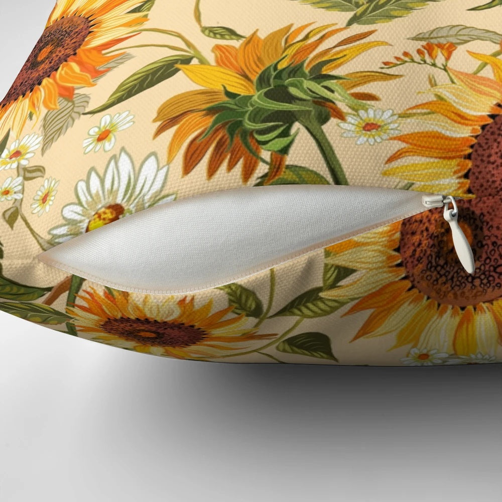 Vibrant sunflower pattern in shades of yellow and orange on a throw pillow, evoking a retro 70s aesthetic.
