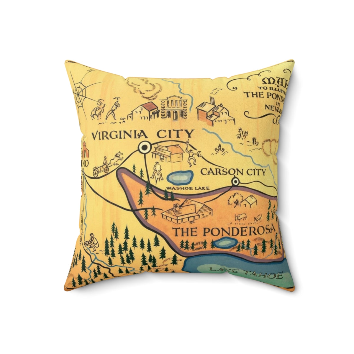 Vintage-style patterned throw pillow featuring a map of the Ponderosa ranch from the classic TV series Bonanza