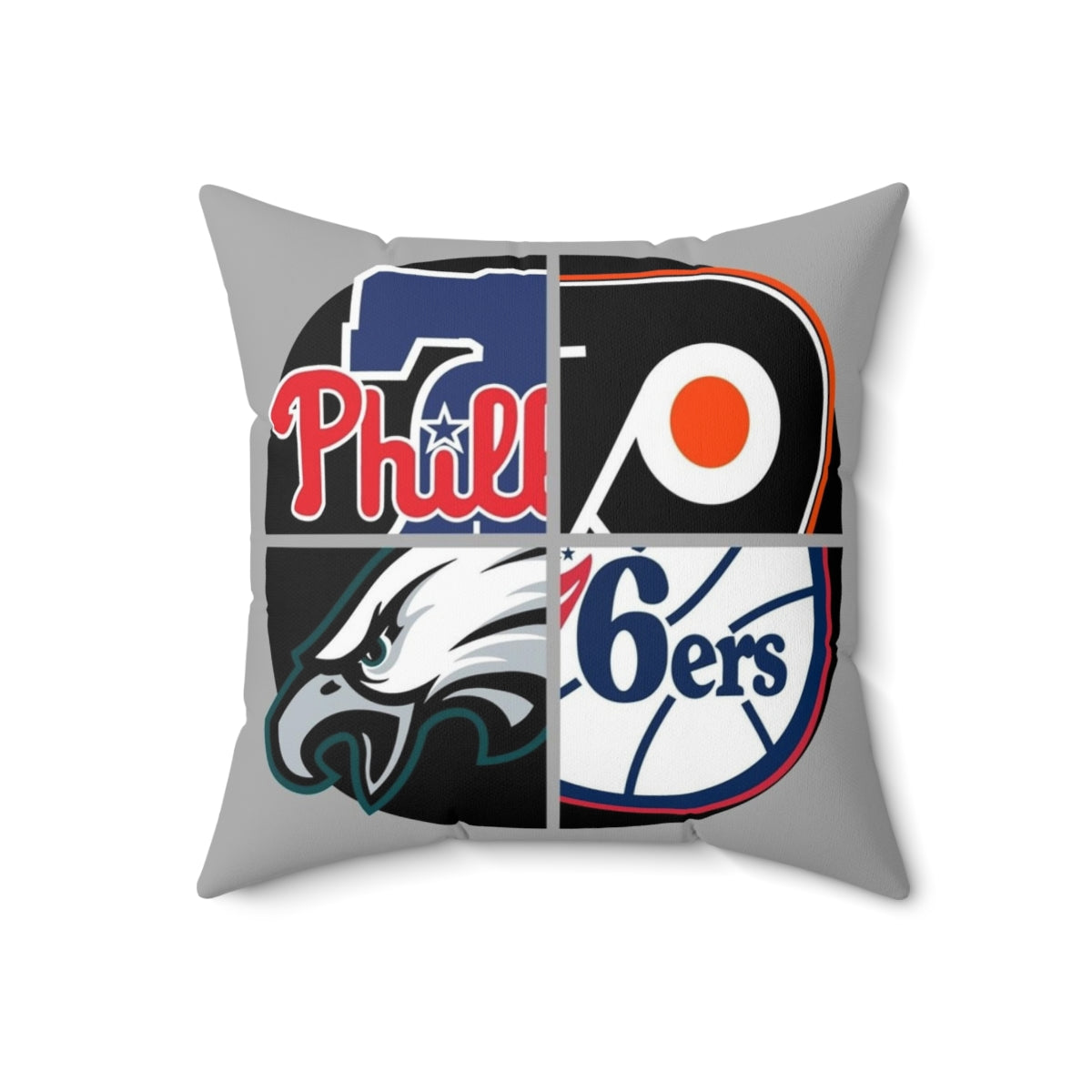 Philly sports-themed pillow in team colors with logo designs