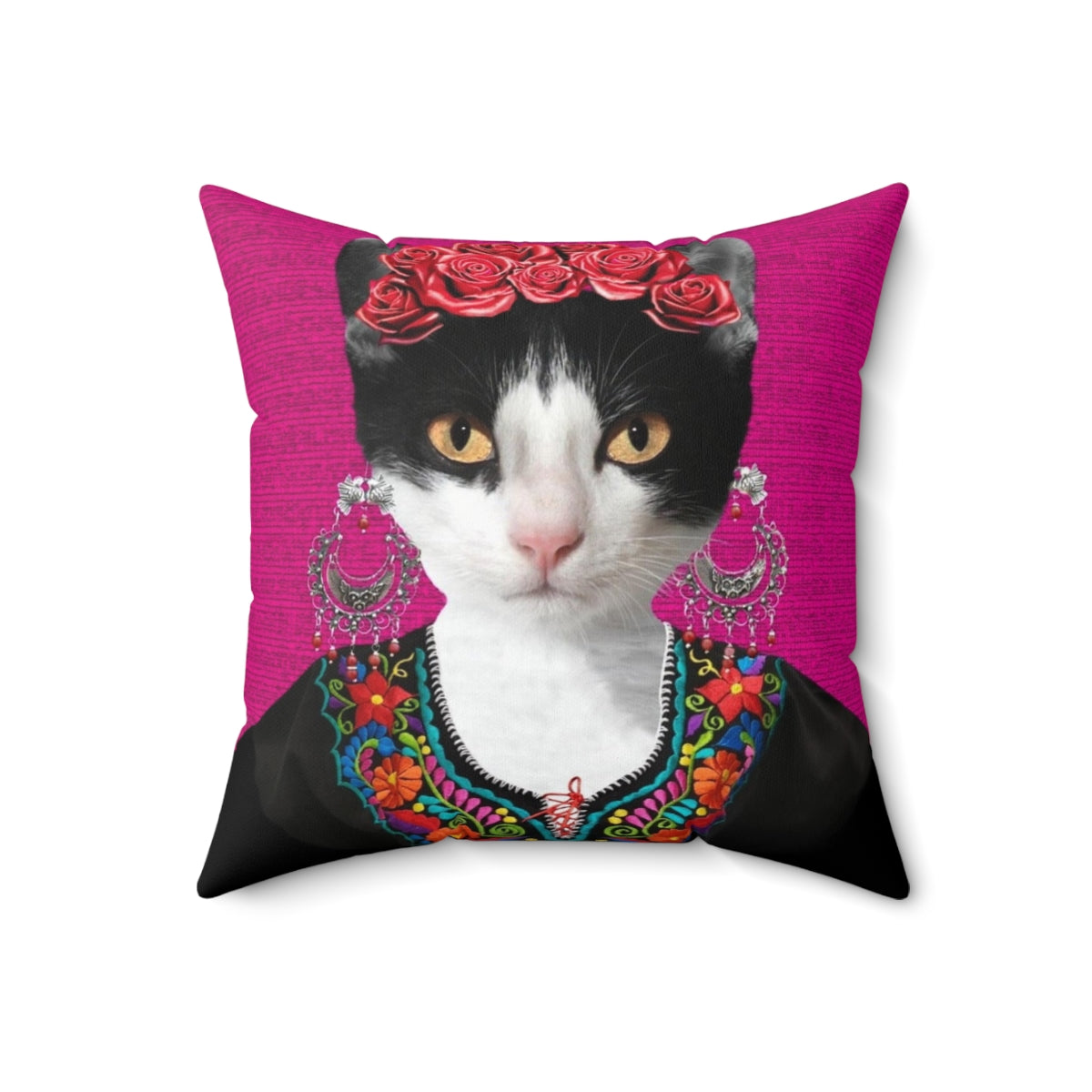 A pink and floral decorative pillow featuring a playful black cat, inspired by the iconic artwork of Mexican artist Frida Kahlo. - Back