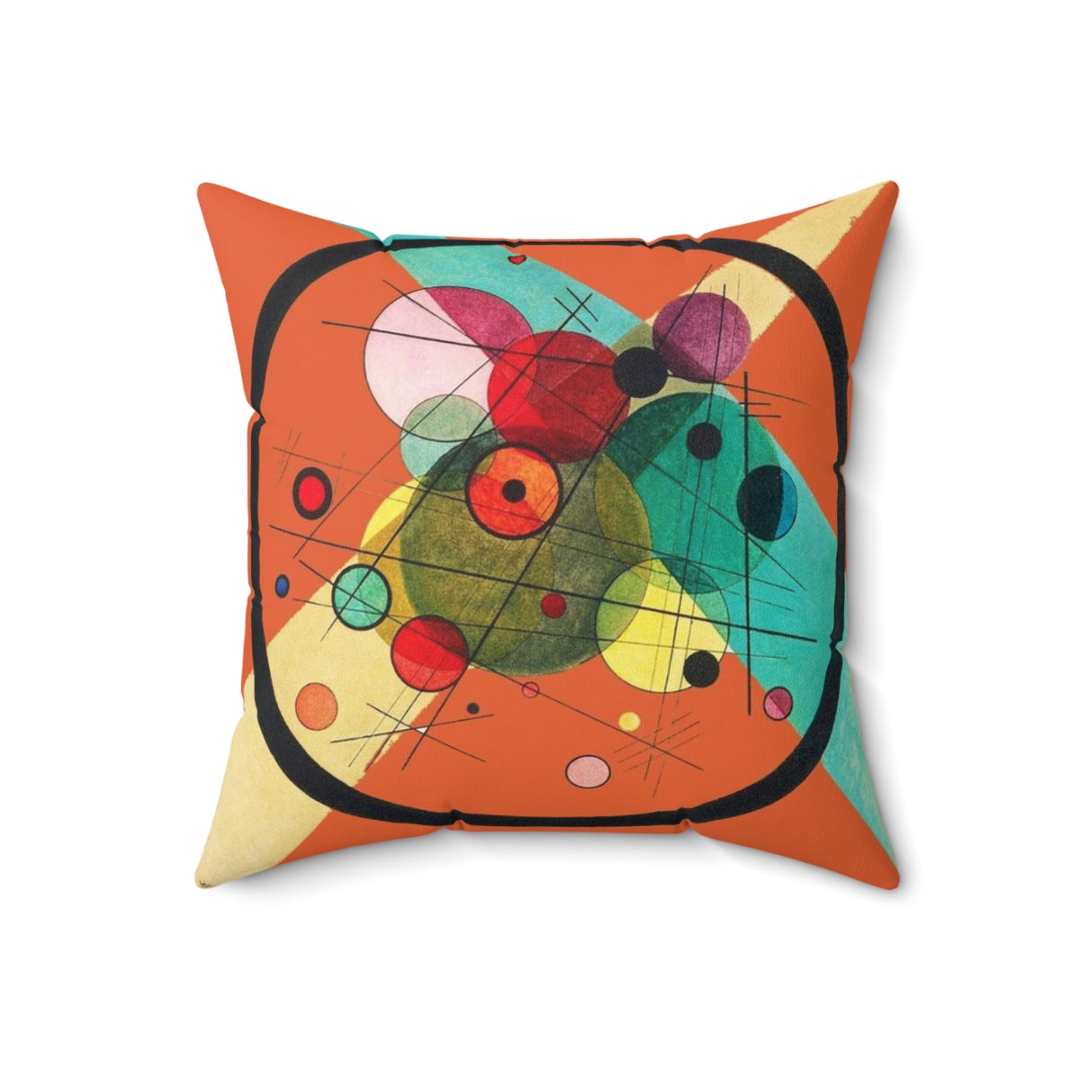 Decorative pillow featuring an abstract circle pattern inspired by the iconic artwork of Wassily Kandinsky.