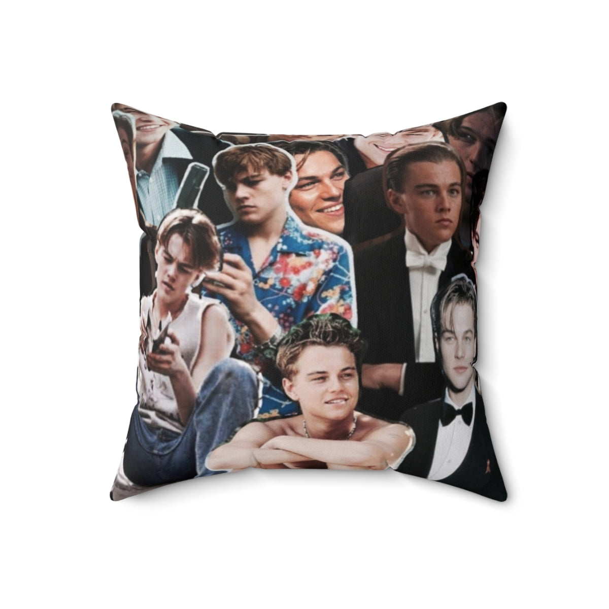 Collage pillow featuring images of actor Leonardo DiCaprio in various roles - Back