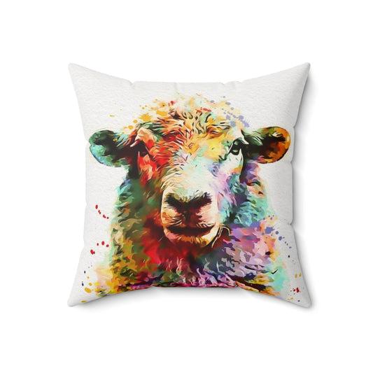 Soft, colorful watercolor painting of a sheep on a decorative throw pillow