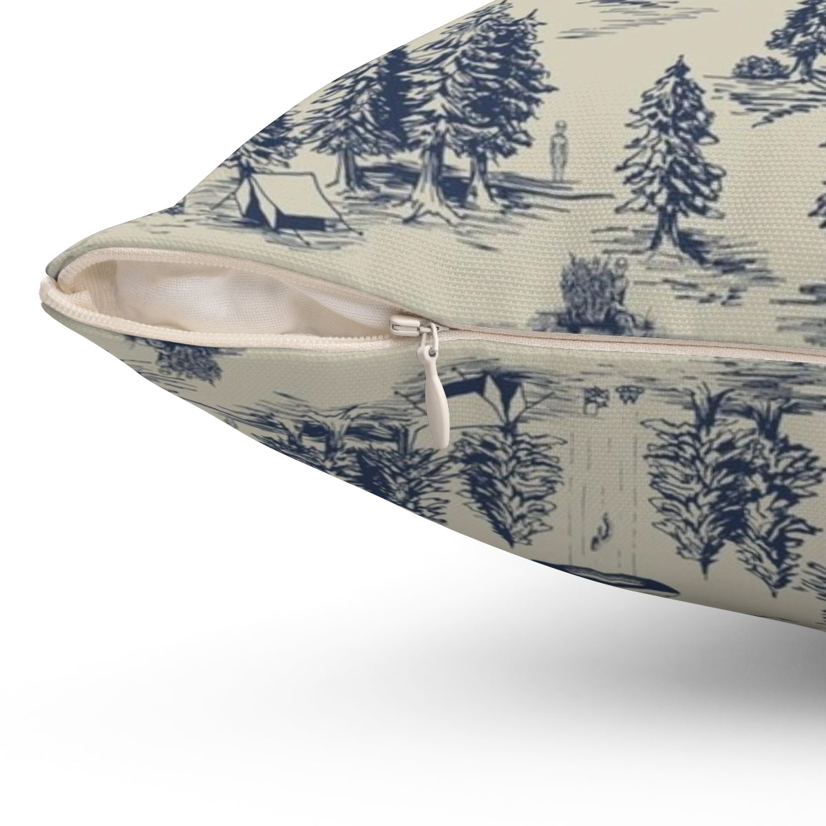 A blue pillow featuring a whimsical alien abduction-themed toile de jouy pattern. - Detail