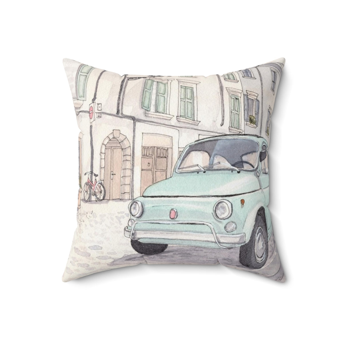 Vintage-style watercolor illustration of a classic Fiat 500 car printed on a decorative pillow - Back