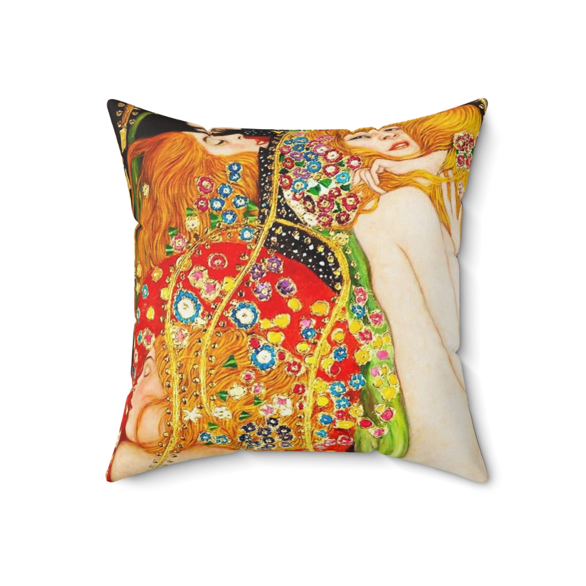 Decorative pillow featuring a high-definition reproduction of Gustav Klimt's "Water Snakes II" painting.