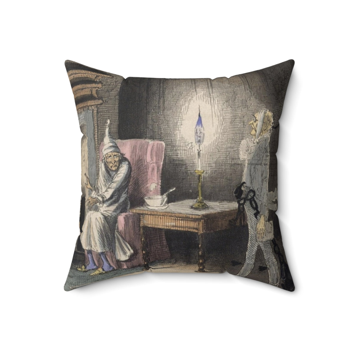 A cozy Christmas carol-themed pillow featuring the ghost of Jacob Marley