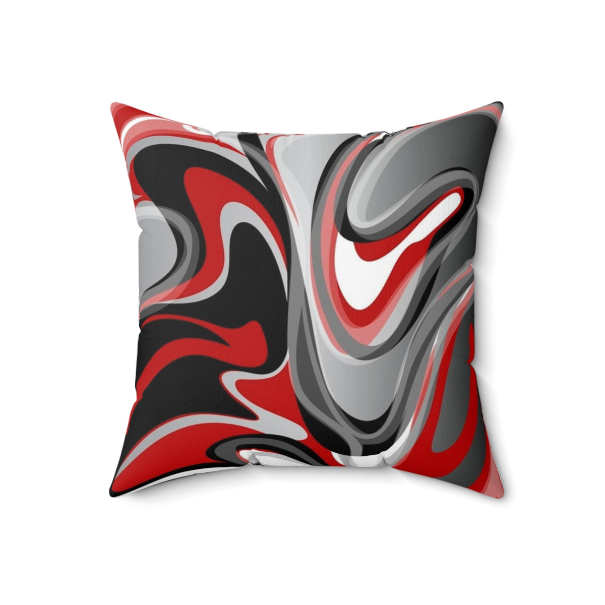 Decorative throw pillow with abstract, marbled red, gray, black, and white fluid design - Back