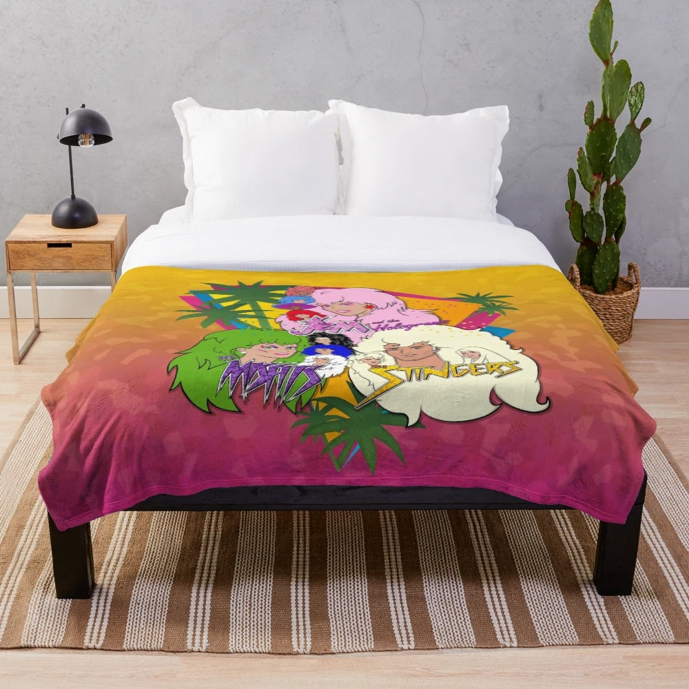 Jem-inspired plush blanket with the Jem and the Holograms characters