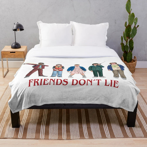 Friends Don't Lie" 80s inspired plush blanket featuring Stranger Things characters