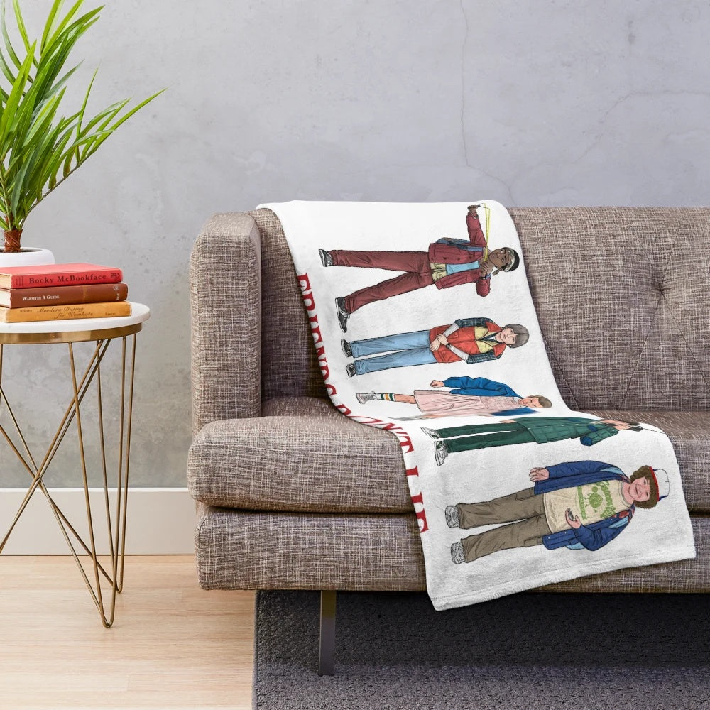 Friends Don't Lie" 80s inspired plush blanket featuring Stranger Things characters