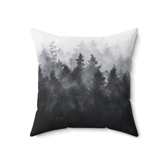 Pillow featuring a watercolor painting of a misty, foggy forest with trees and mountains.