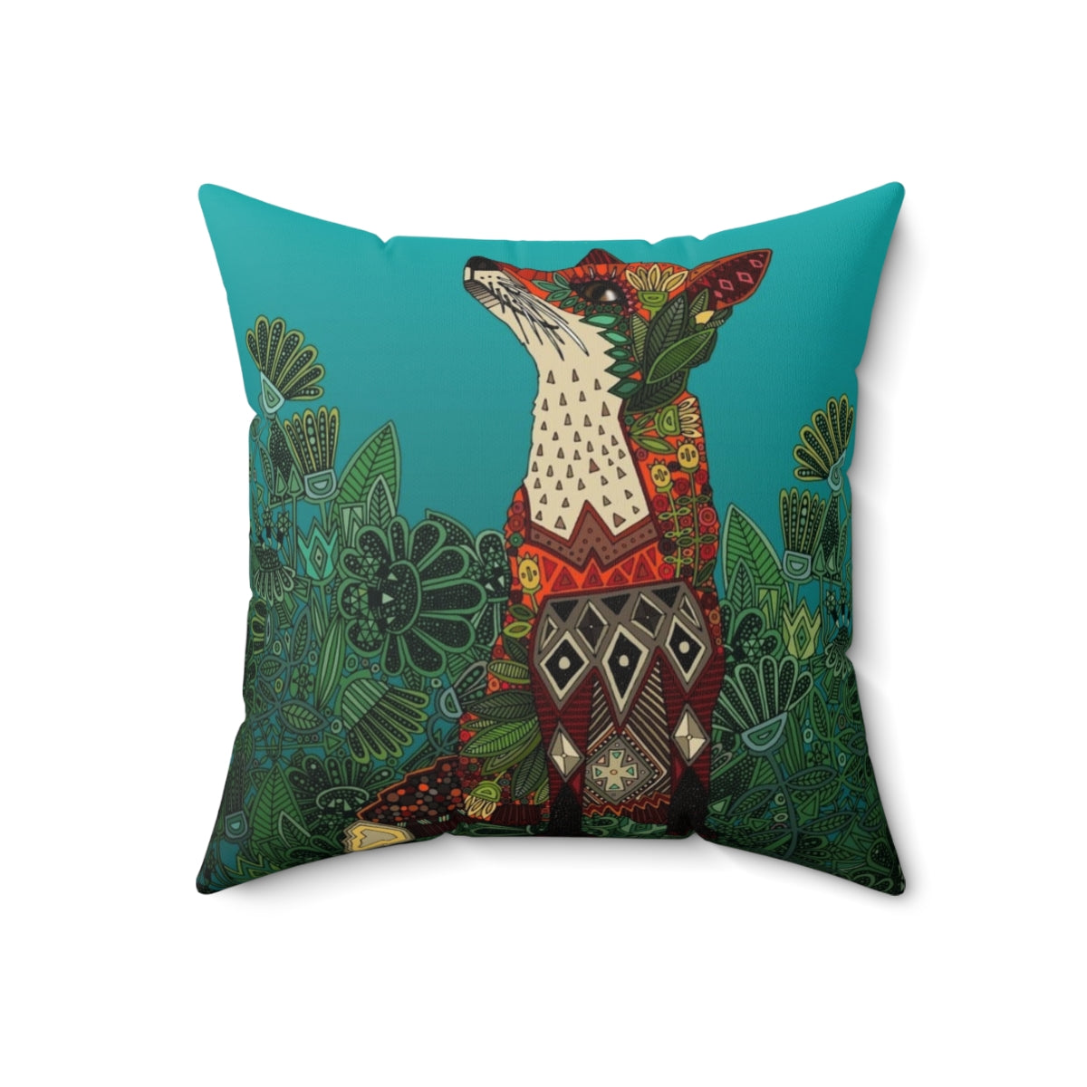 Colorful floral and fox motif decorative pillow with botanical and tribal patterns in teal, turquoise, and green