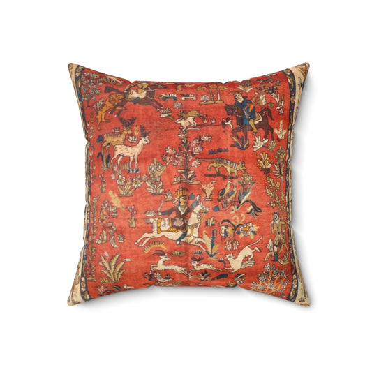 Decorative throw pillow featuring a vintage-inspired Persian rug print with floral and animal motifs