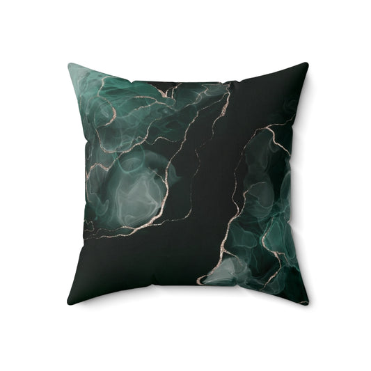 Emerald green abstract art throw pillow with fluid, swirling patterns