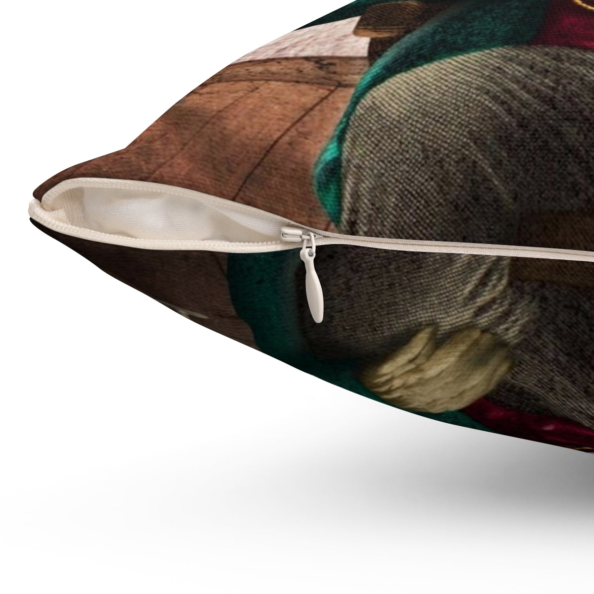 Vintage-inspired pillow featuring an illustration of a mallard duck reading an antique book. - Detail