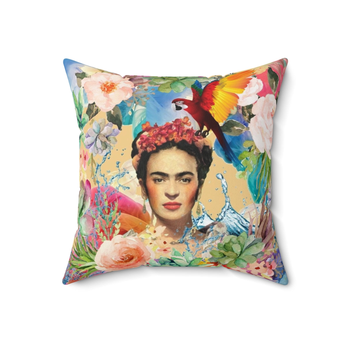 Vibrant throw pillow featuring the iconic image of Frida Kahlo, representing female empowerment and artistic expression.