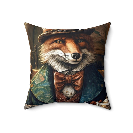 Vintage-style decorative throw pillow featuring an illustrated fox in a whimsical, literary style.