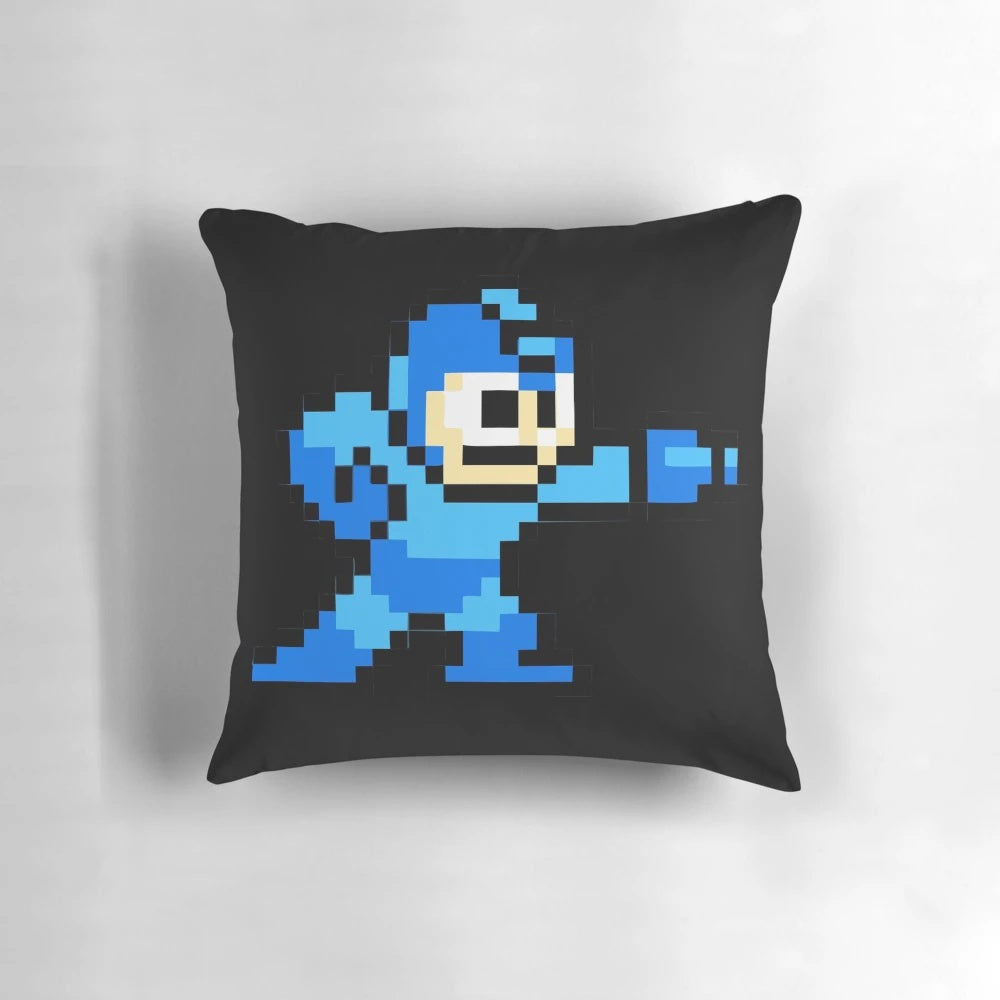 8-bit Mega Man pixel art design on a plush, soft pillow