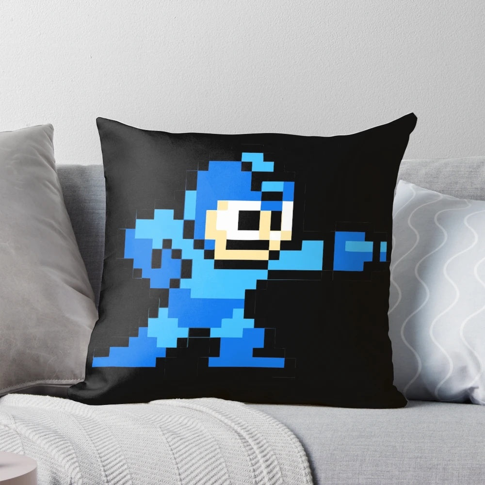 8-bit Mega Man pixel art design on a plush, soft pillow