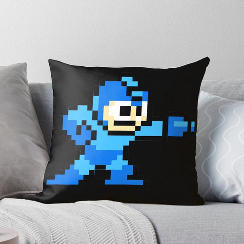 8-bit Mega Man pixel art design on a plush, soft pillow