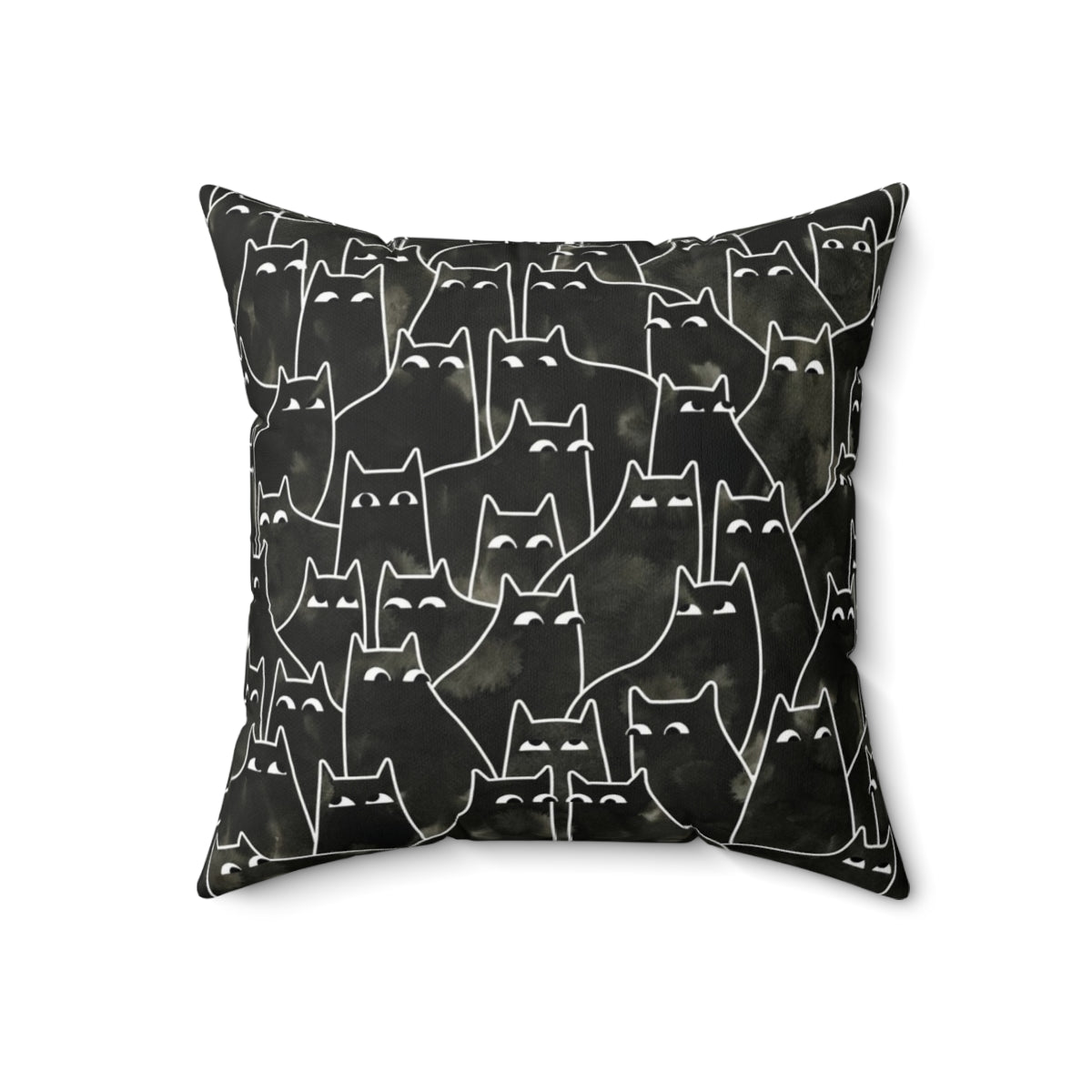 Whimsical illustration of a suspicious-looking black cat on a decorative throw pillow - Back