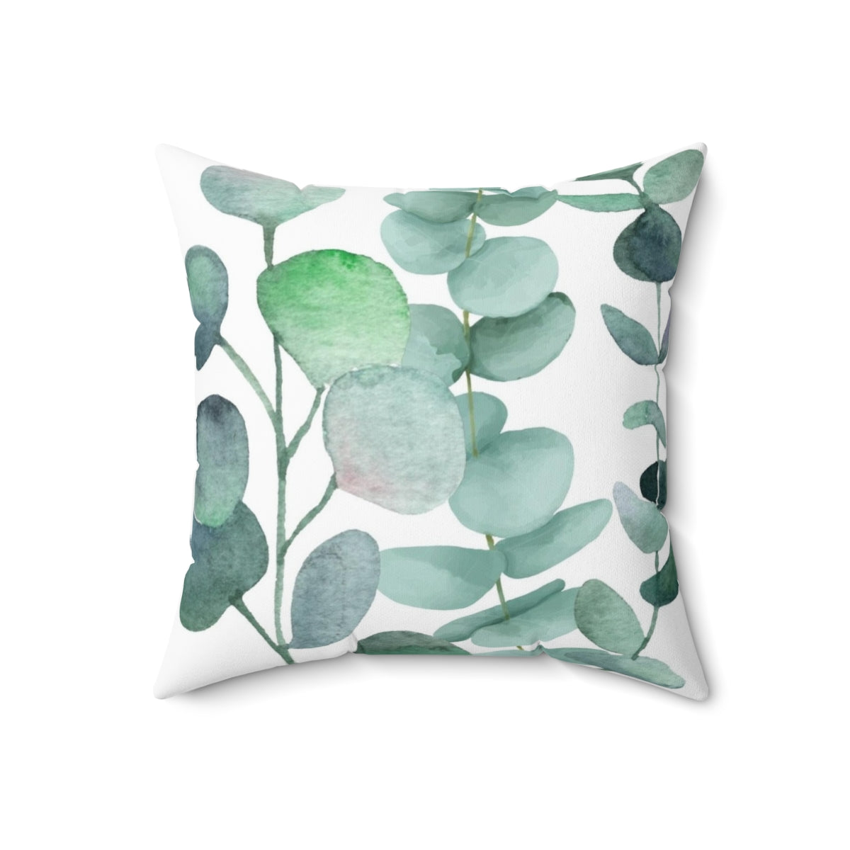 Watercolor painting of green eucalyptus leaves on a decorative cushion for home decor - Back