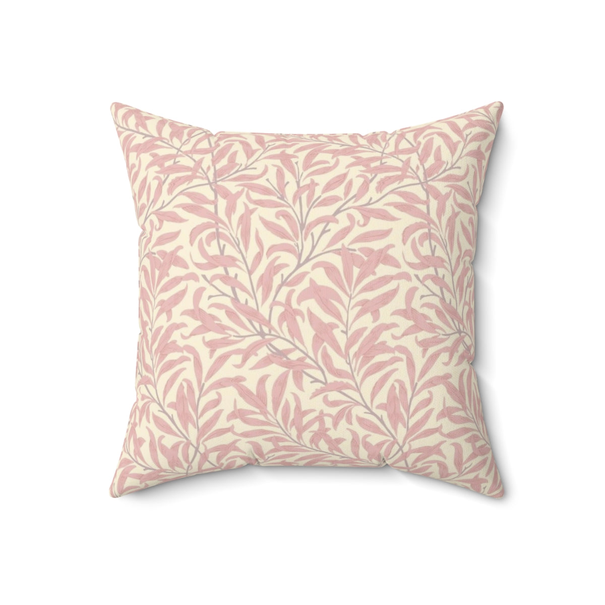 A pink and cream colored throw pillow featuring a vintage-inspired willow bough and leaf pattern, based on the textile designs of William Morris.