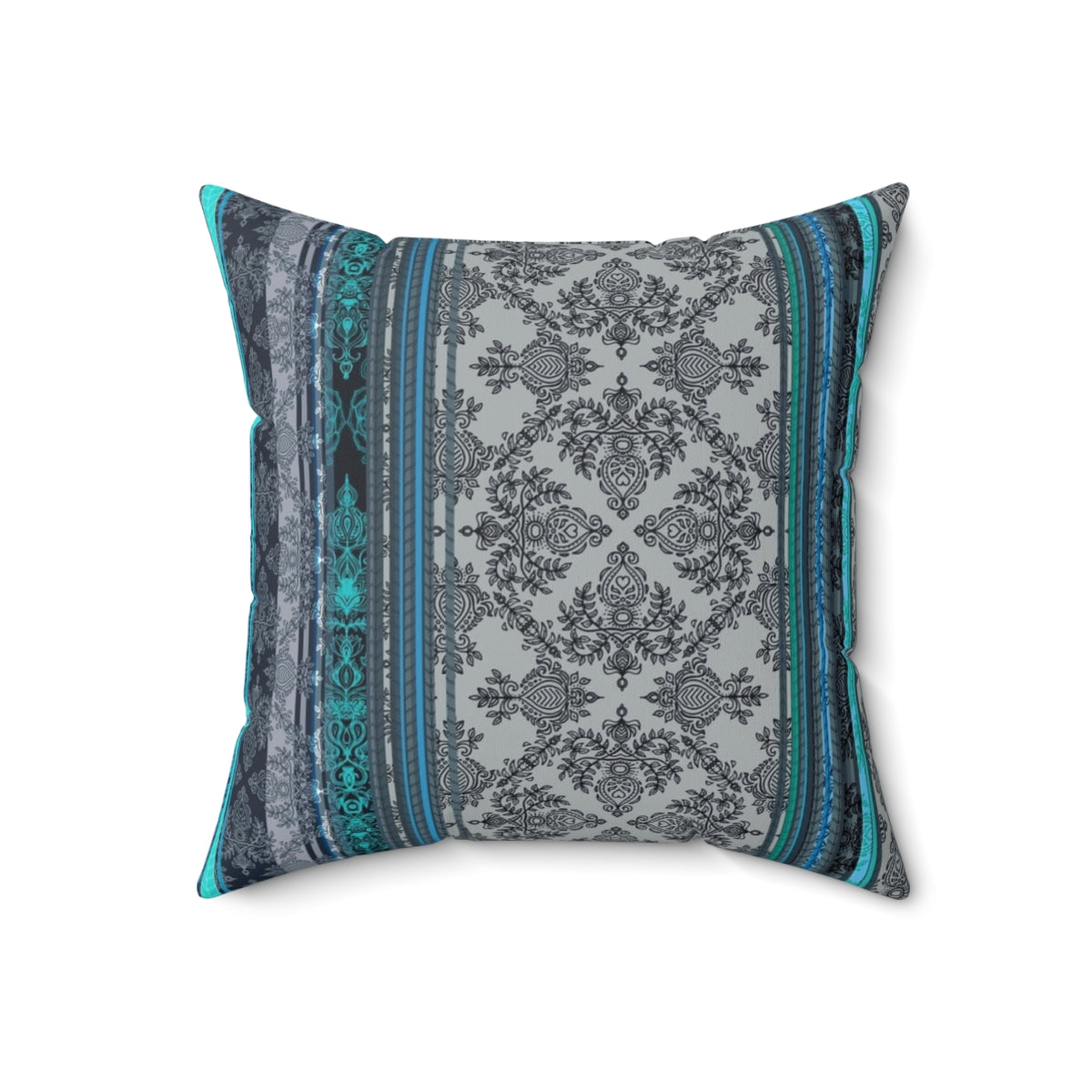 Vintage-inspired bohemian teal, aqua, and grey wallpaper-patterned accent pillow - Back