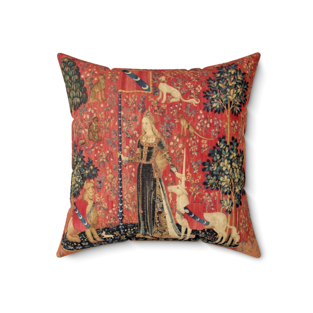 Artistic floral pillow with a fantasy unicorn illustration in a vintage, gothic style. - Back