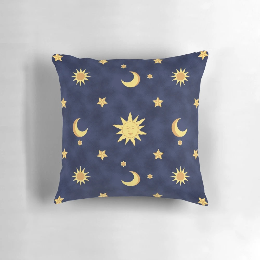 Celestial-patterned throw pillow with a vintage, 90s-inspired design featuring the sun, moon, and stars.