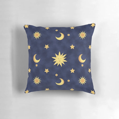 Celestial-patterned throw pillow with a vintage, 90s-inspired design featuring the sun, moon, and stars.