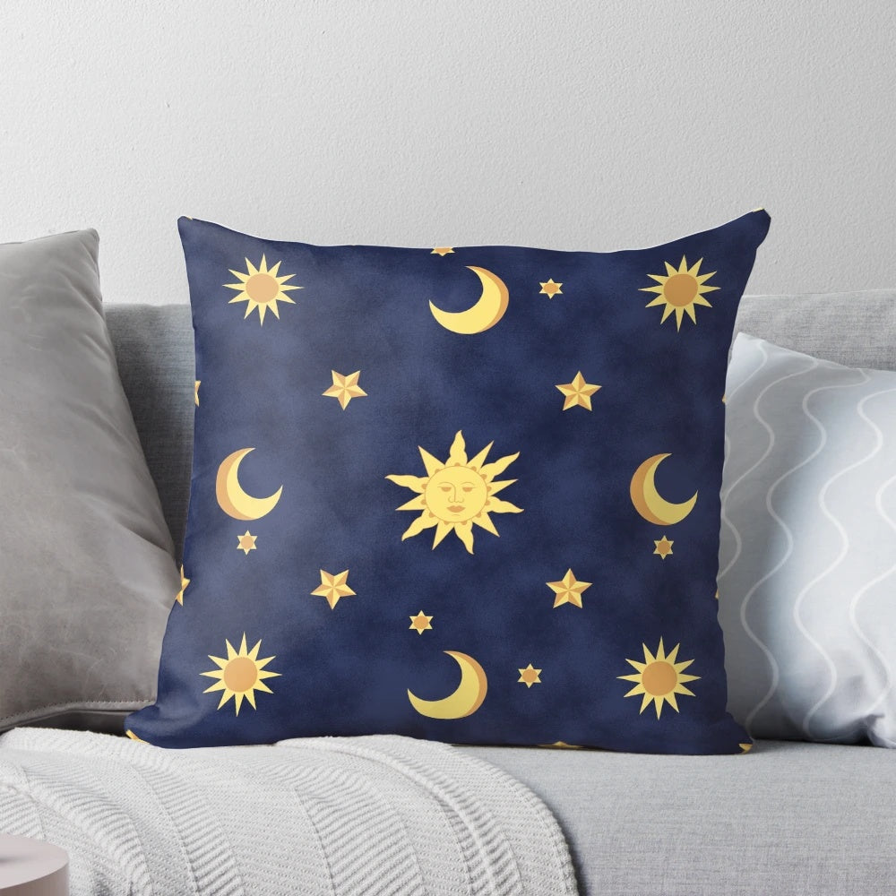 Celestial-patterned throw pillow with a vintage, 90s-inspired design featuring the sun, moon, and stars.