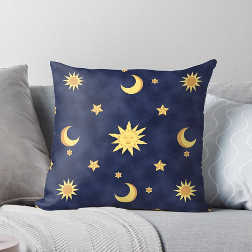 Celestial-patterned throw pillow with a vintage, 90s-inspired design featuring the sun, moon, and stars.