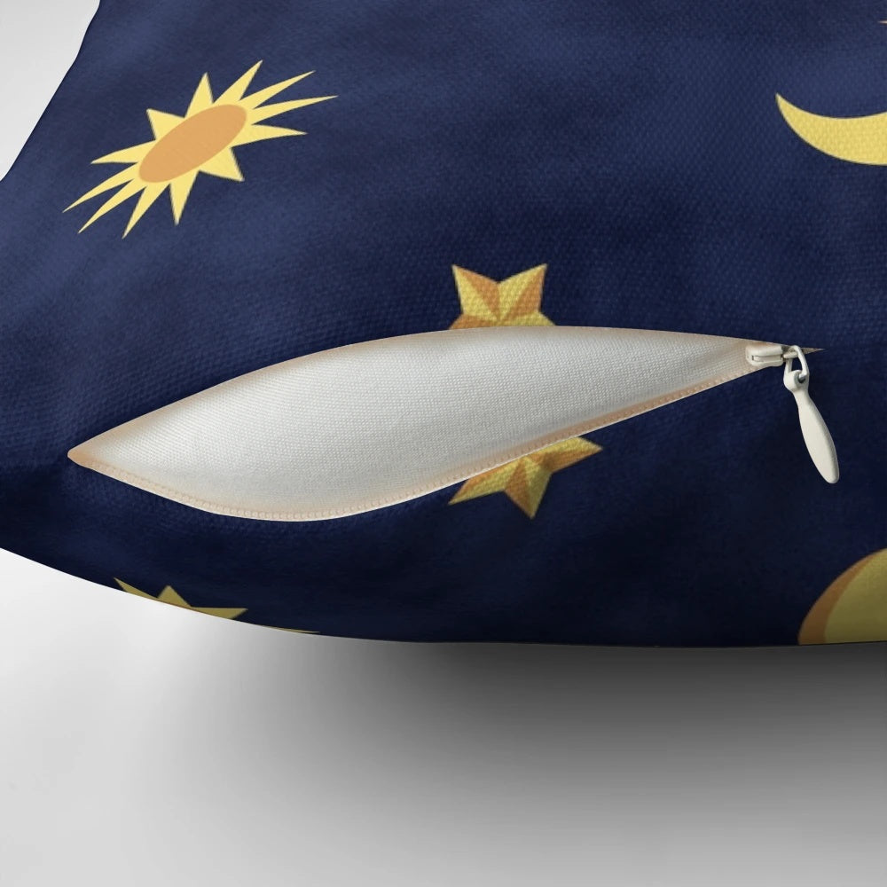 Celestial-patterned throw pillow with a vintage, 90s-inspired design featuring the sun, moon, and stars.