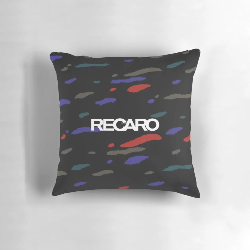 Colorful 90s-inspired JDM seat pattern pillow with logos for popular JDM cars like Toyota AE86, Mazda RX7, and Corolla