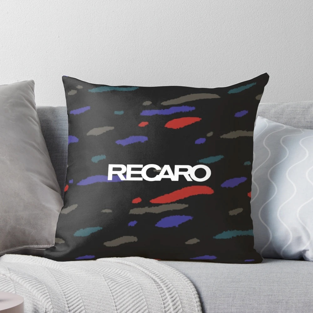 Colorful 90s-inspired JDM seat pattern pillow with logos for popular JDM cars like Toyota AE86, Mazda RX7, and Corolla