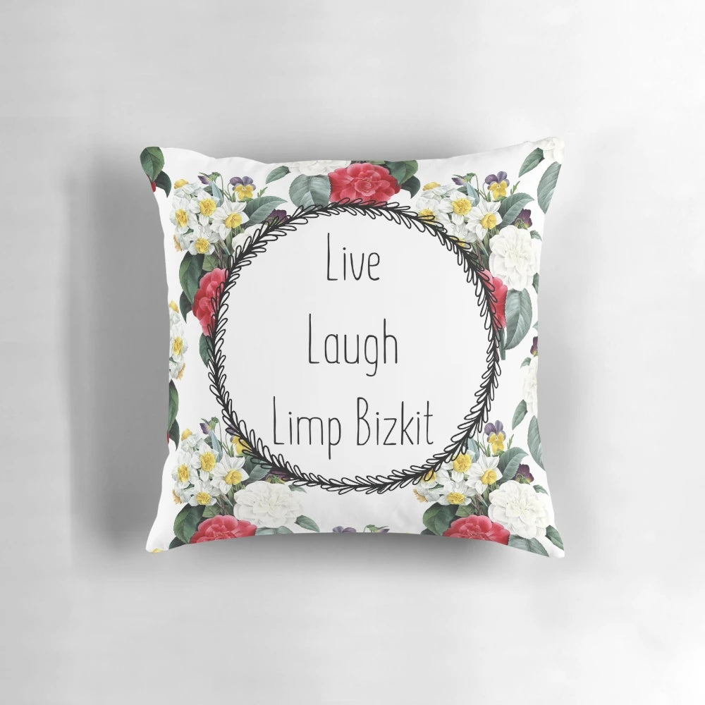 90s Limp Bizkit inspired floral pillow with humorous vintage-style design