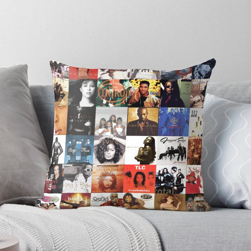 90s R&B-inspired throw pillow featuring a collage of classic R&B artists