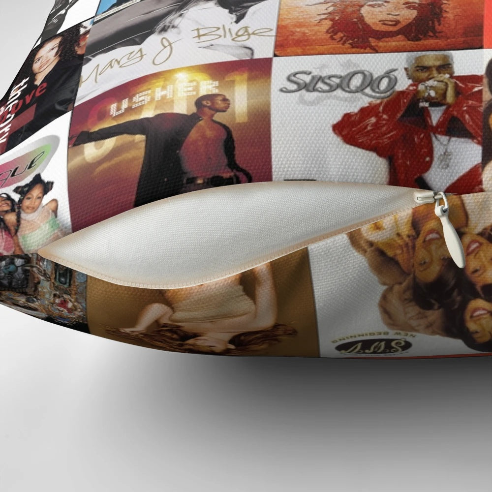 90s R&B-inspired throw pillow featuring a collage of classic R&B artists
