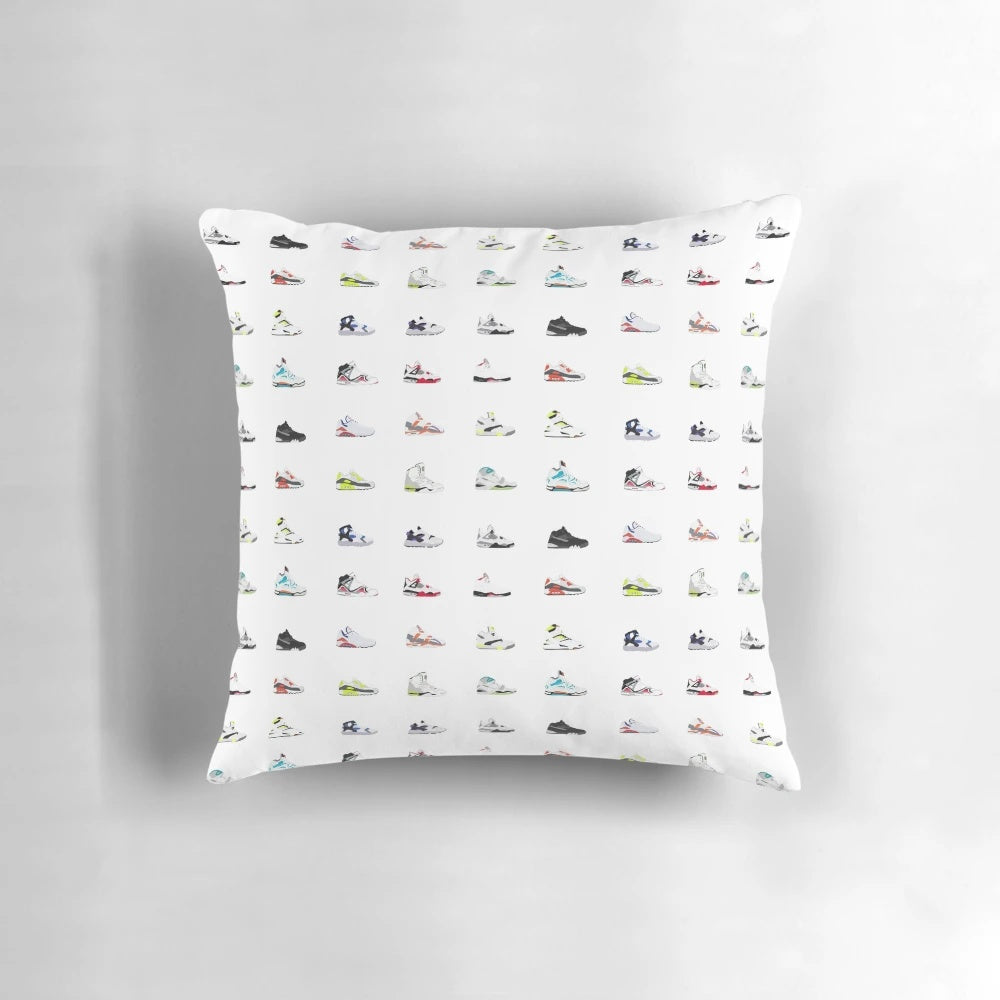 90s sneakers pattern pillow featuring retro shoe designs