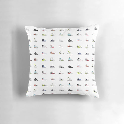 90s sneakers pattern pillow featuring retro shoe designs