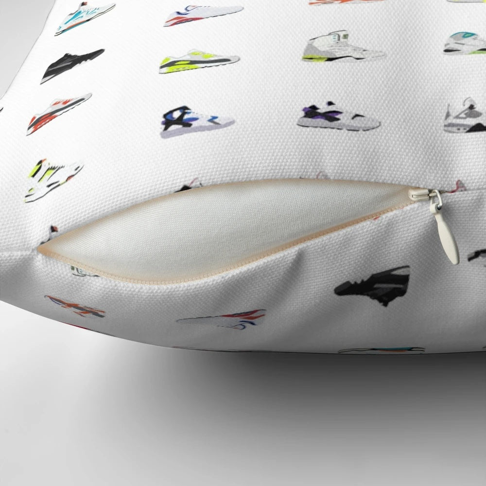 90s sneakers pattern pillow featuring retro shoe designs