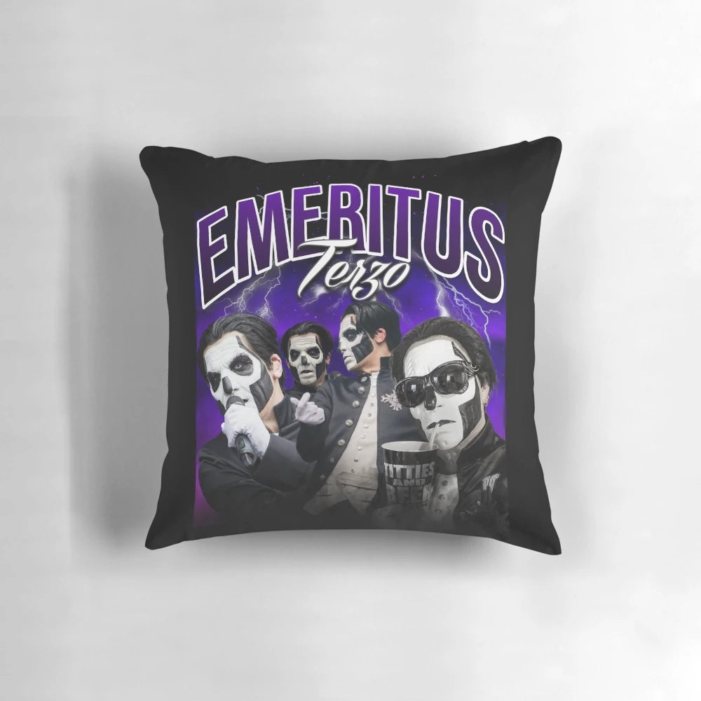 A Terzo Emeritus-inspired 90s t-shirt design pillow featuring the iconic Ghost BC band imagery.