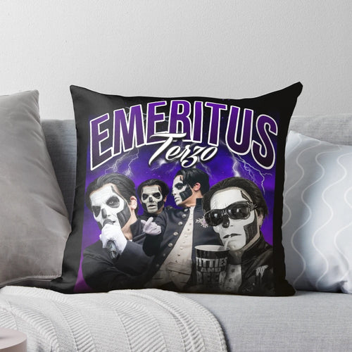 A Terzo Emeritus-inspired 90s t-shirt design pillow featuring the iconic Ghost BC band imagery.